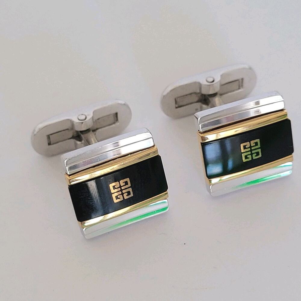 Givenchy Cufflinks Set Silver Gold Tone Black Onyx Square Logo Vintage Designer‎